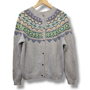 Vintage Northern Reflections Cardigan Sweater L Fair Isle Women Gray Cottagecore